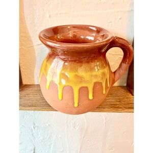 Vintage Mexican Terracotta Mug Yellow Drip Glaze Jarrito de Barro Folk Art Clay